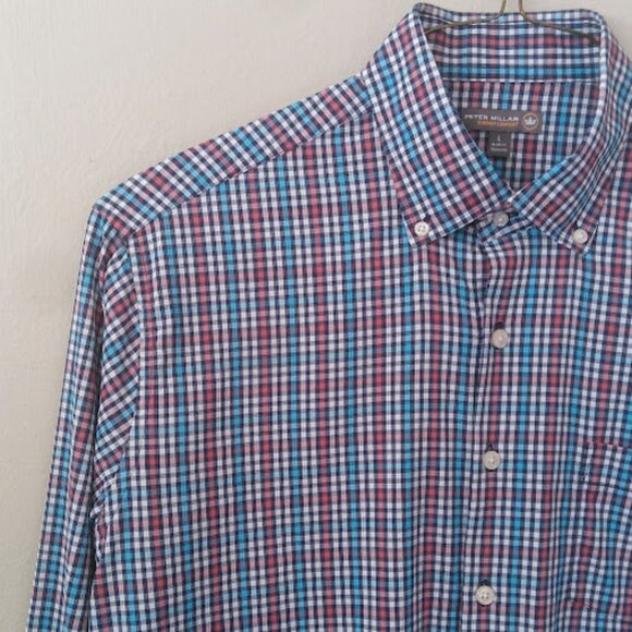 PETER MILLAR | Summer Comfort Performance Sport Blue Pink Button Down Shirt L - Picture 4 of 13